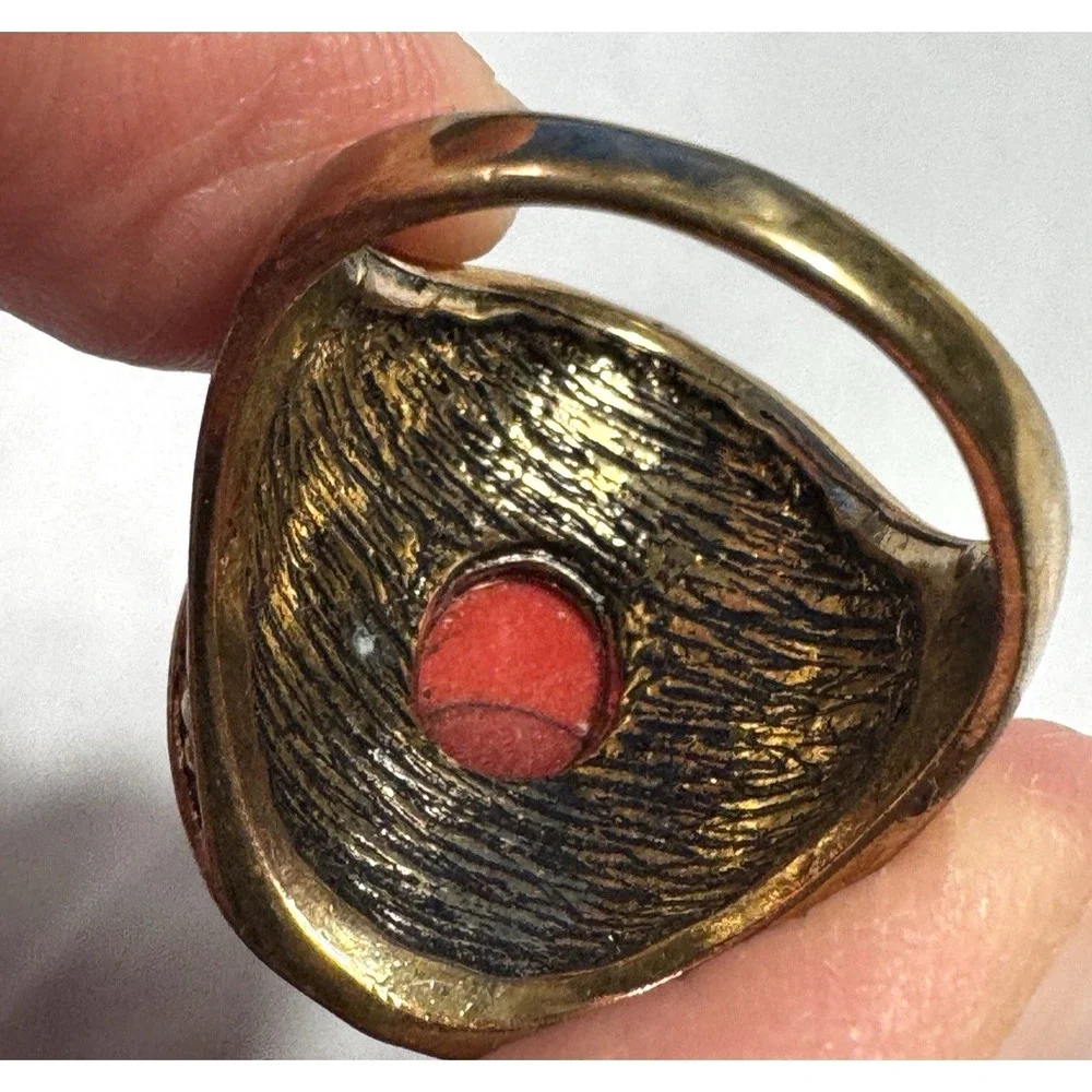 Vintage Style Red Faux Turquoise Filigree Cocktail Ring Gold Tone Size 10.5